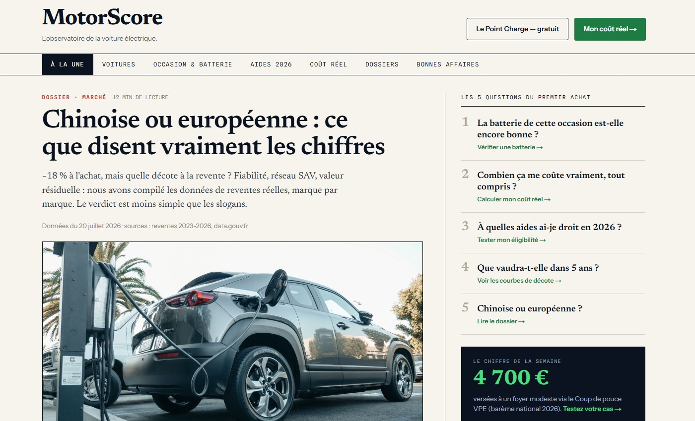 Interface MotorScore — verdict d'achat véhicule électrique
